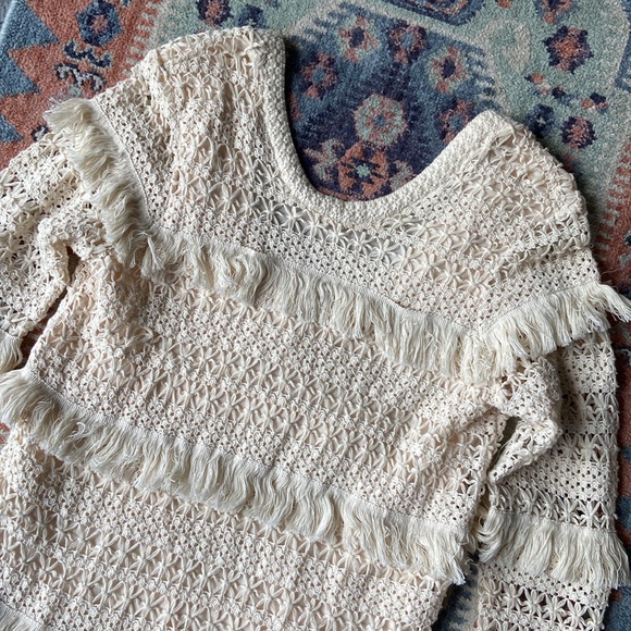Volcom cream crochet mini dress tiered fringe low back cocoknit vacation medium - Picture 16 of 16
